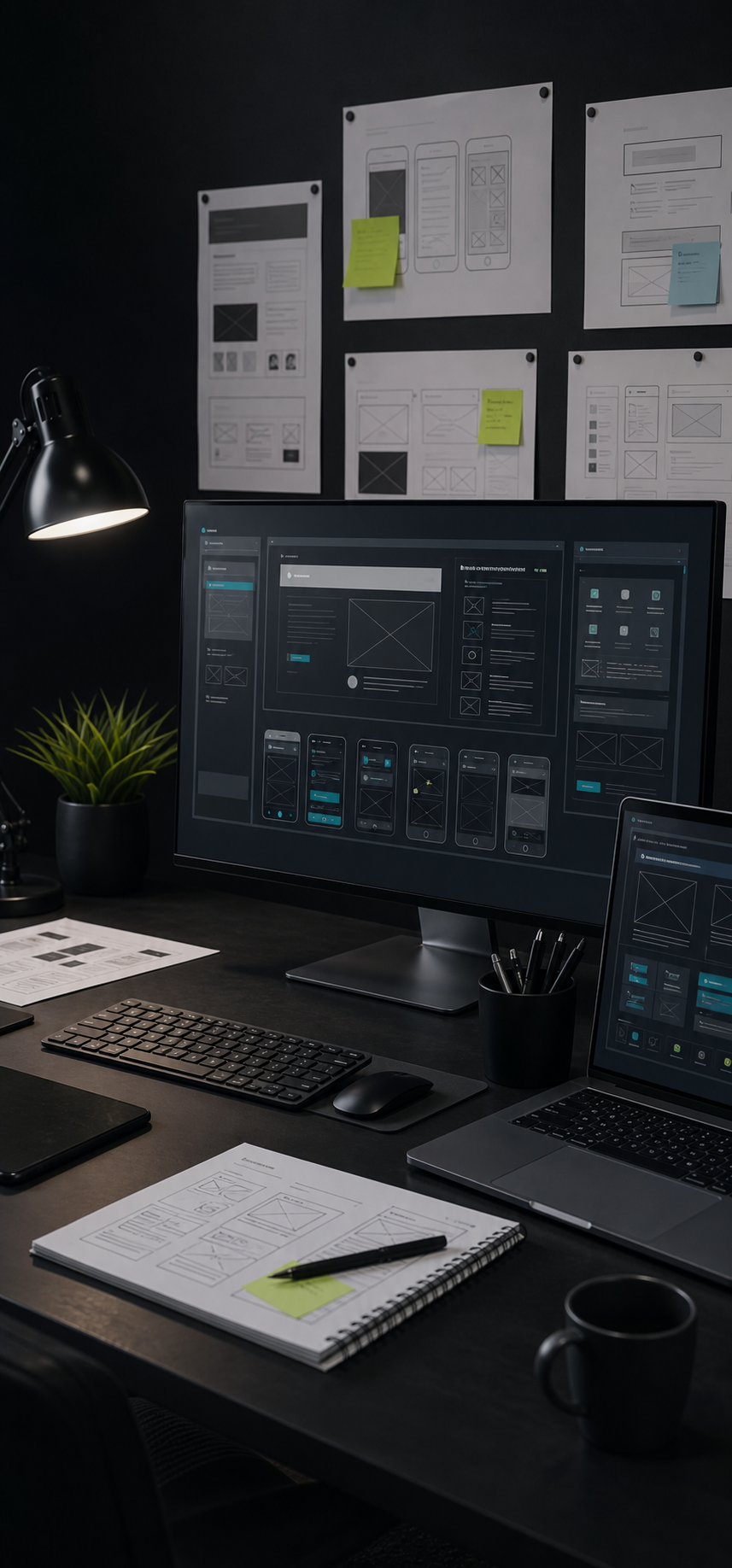 Dark creative workspace with web design screens
