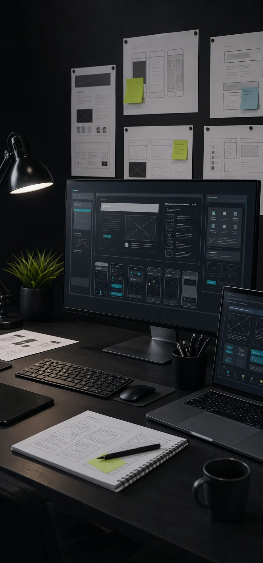 Dark creative workspace with web design screens