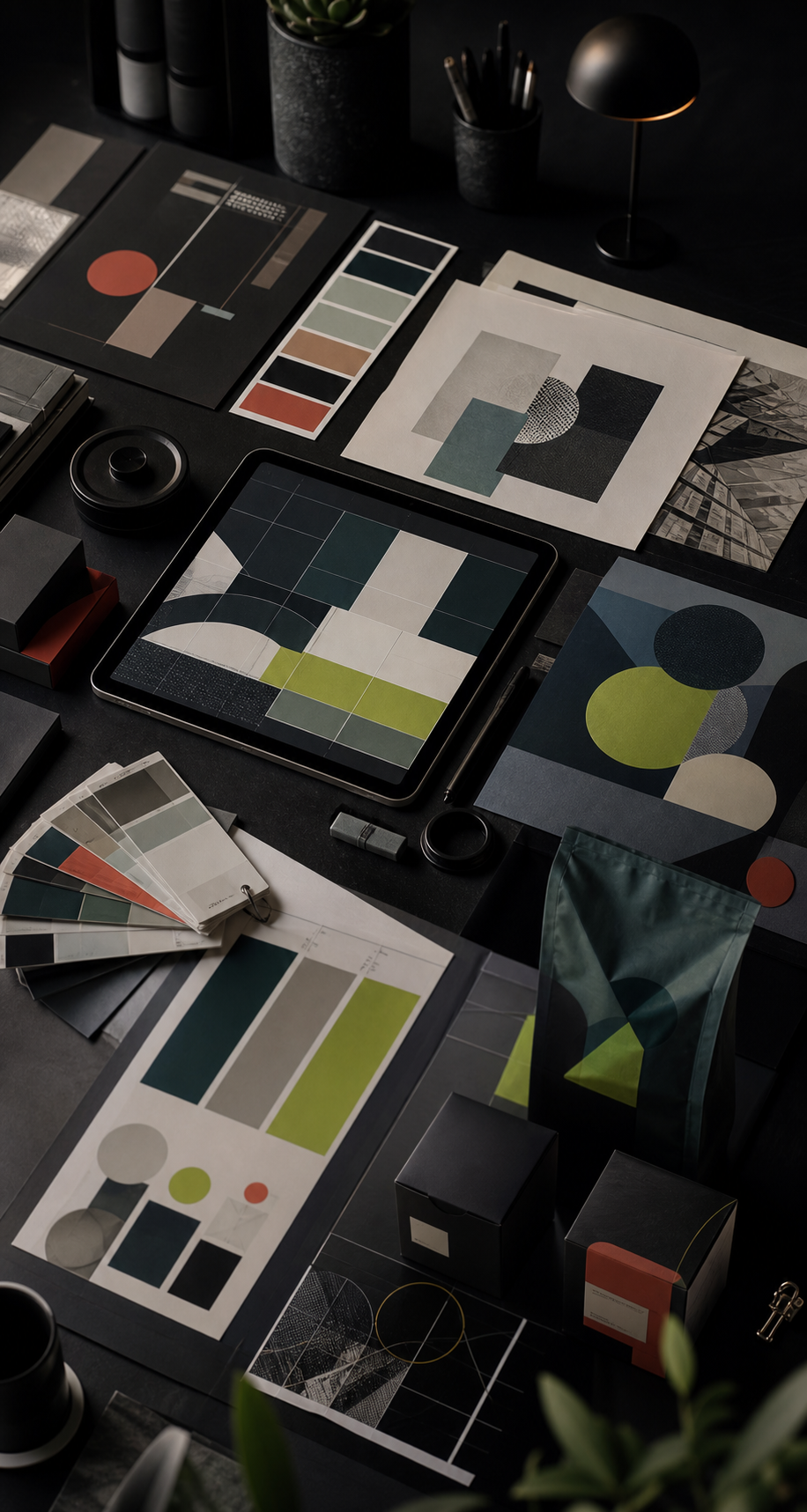 Graphic design workspace with brand boards and color swatches