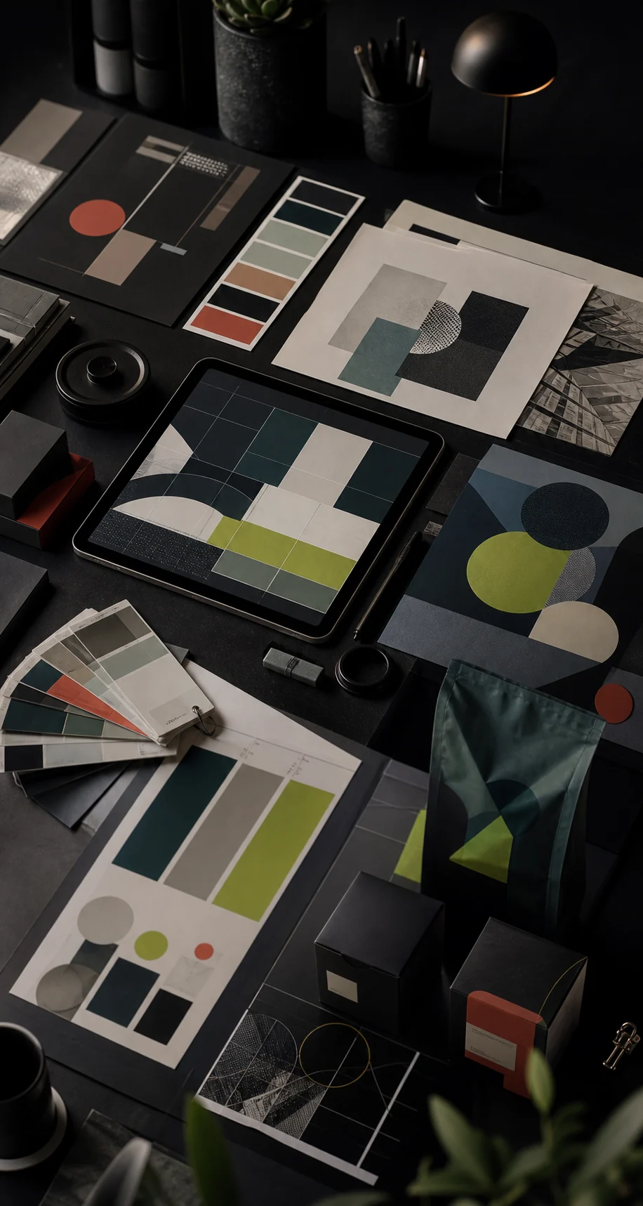 Graphic design workspace with brand boards and color swatches