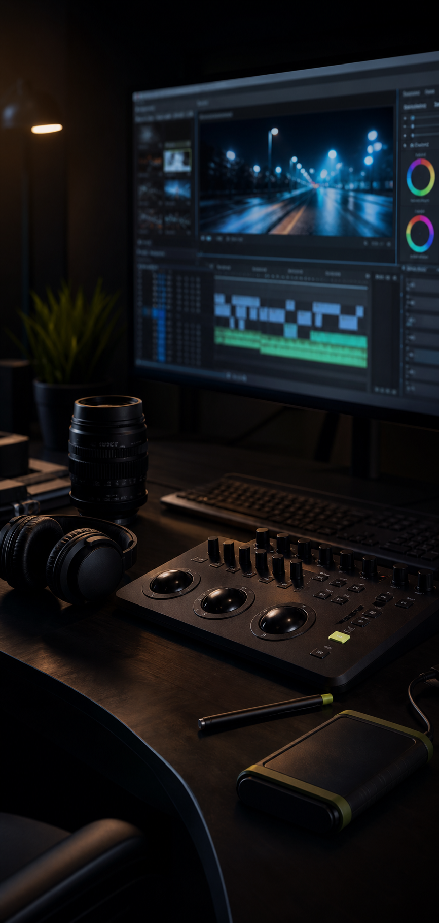 Video editing desk with timeline monitor and production tools