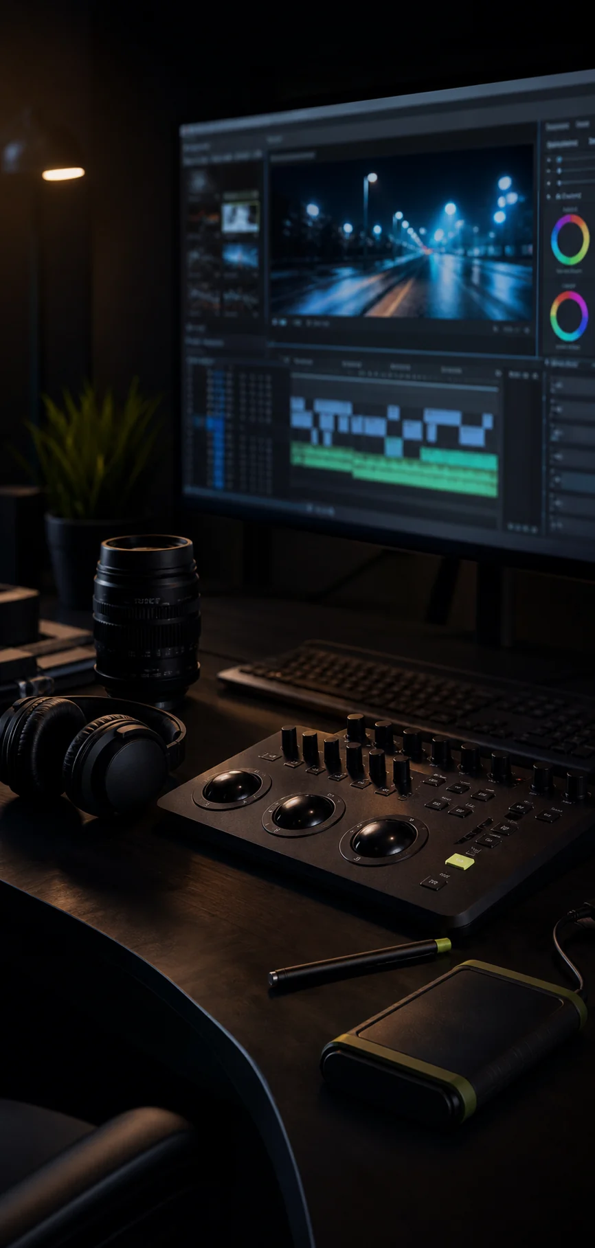 Video editing desk with timeline monitor and production tools