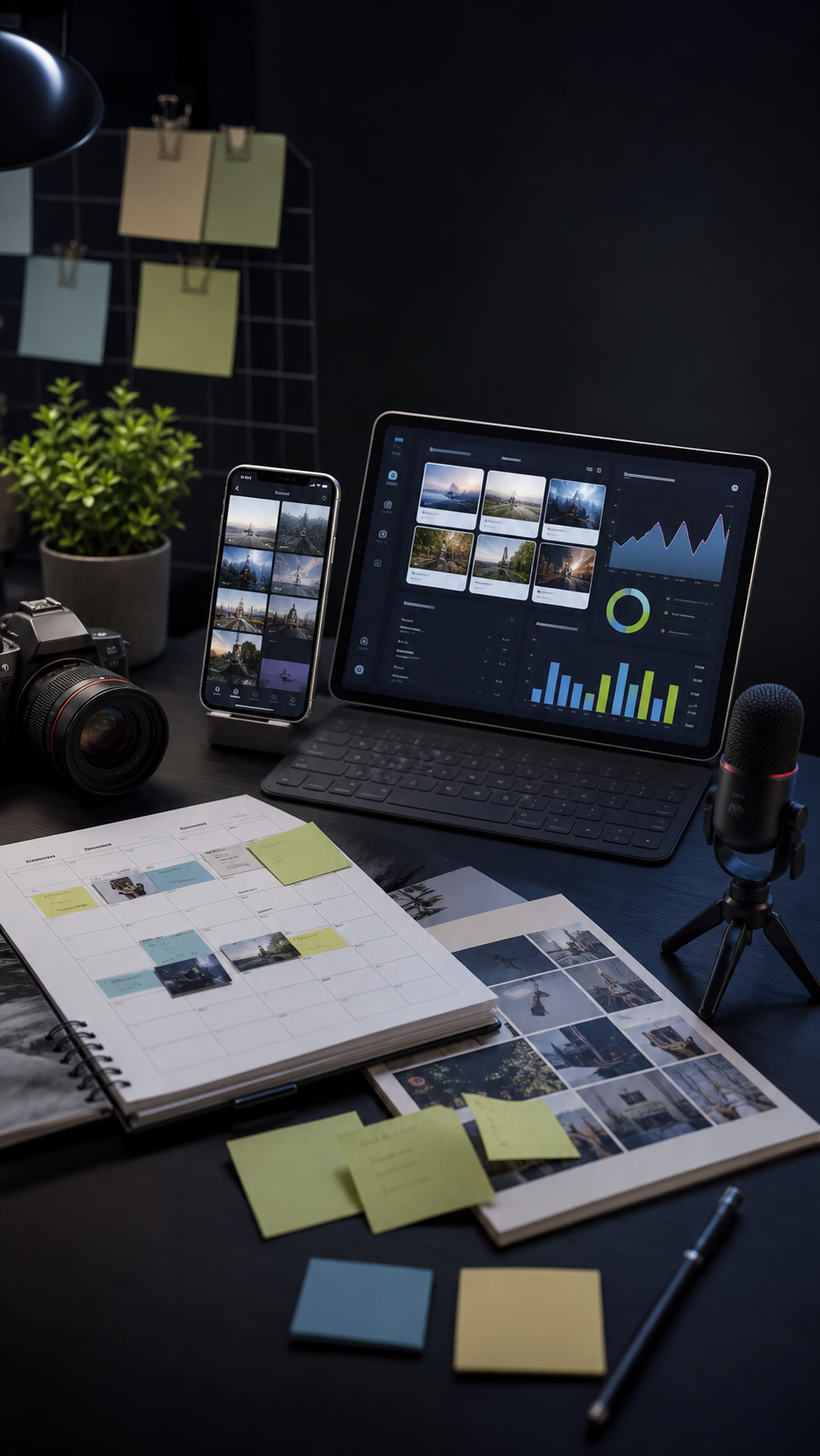 Social media management workspace with content calendar and devices