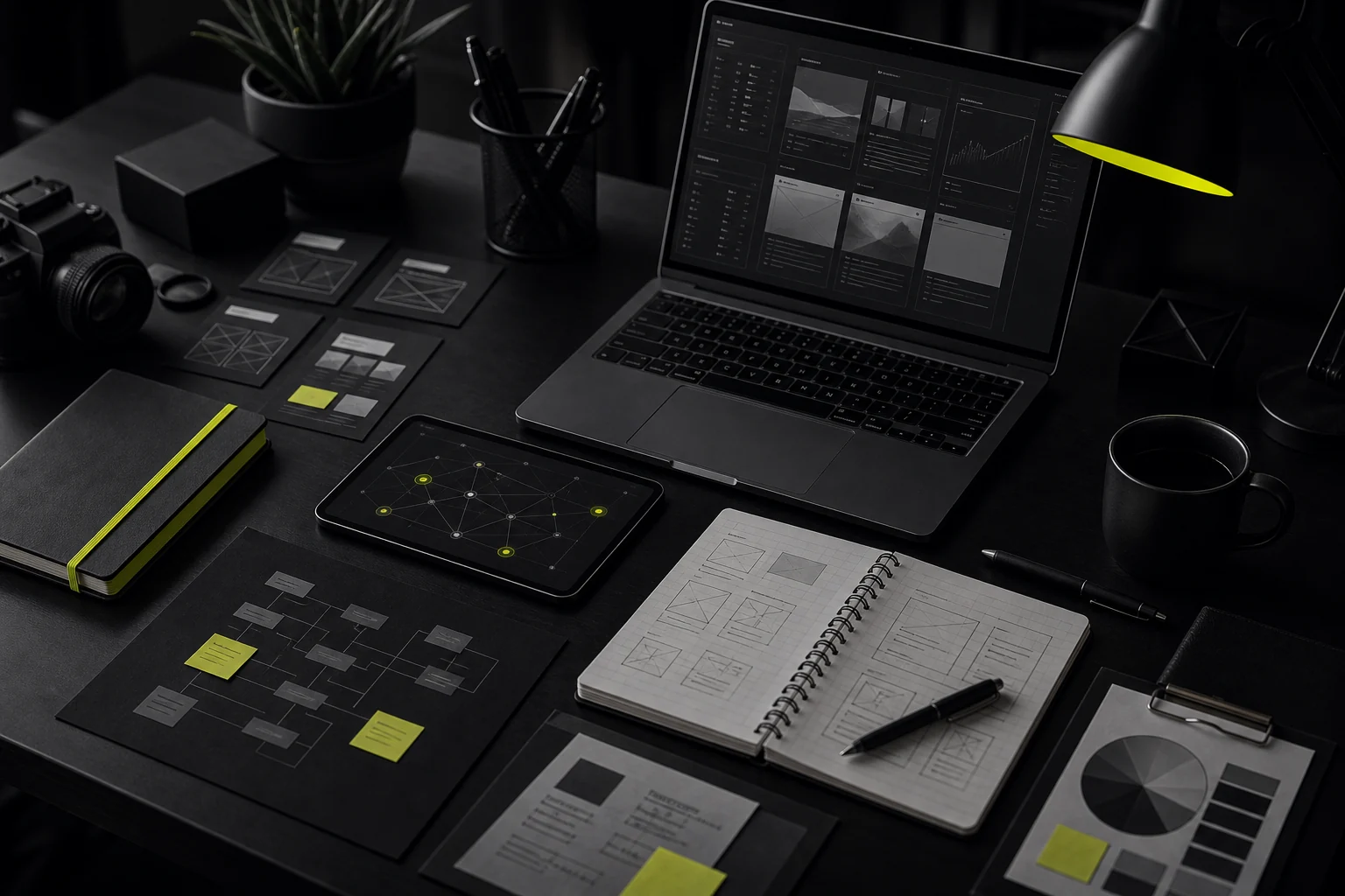 Digital shop workspace with web and graphic product previews